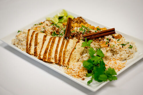 Coconut brown rice with baked tofu