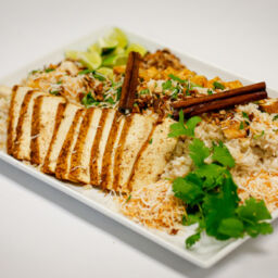 Coconut brown rice with baked tofu